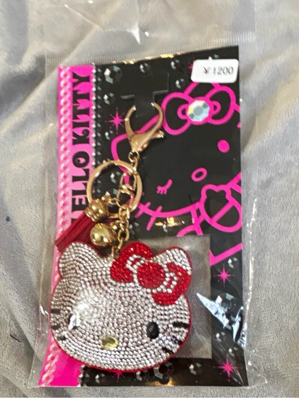 Hello Kitty Crystal Face Charm Keychain in Silver and Red